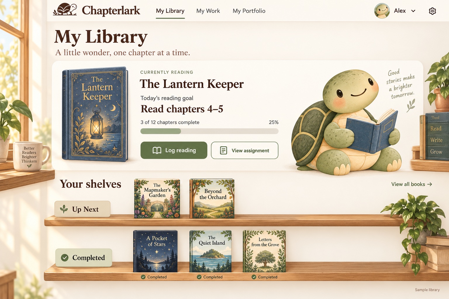 Cozy Library design concept with soft sage accents, illustrated shelves, and a reading turtle