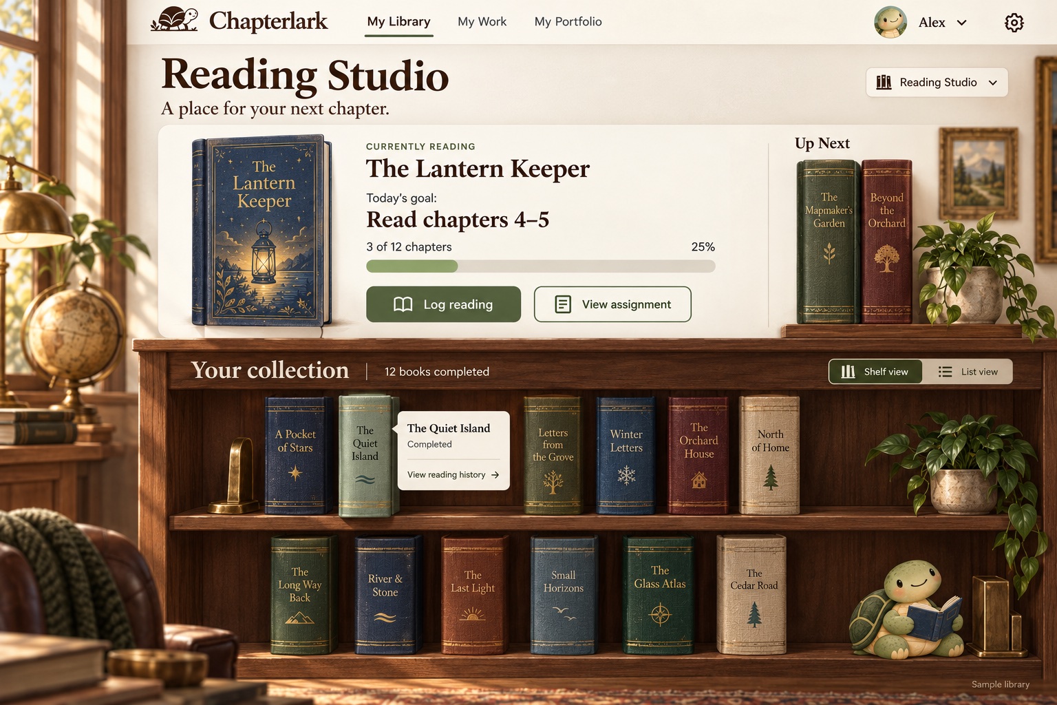 Reading Studio design concept with warm wood bookshelves, a reading goal, and a turtle companion